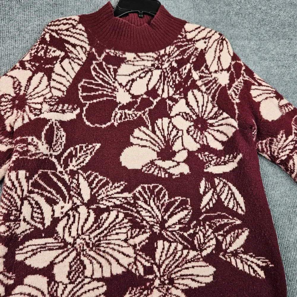 Liz Claiborne Womens Burgundy Floral Mock Neck Pullover Sweater Large